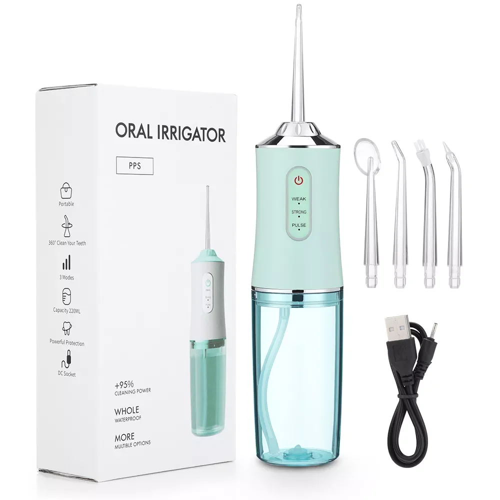 

Irrigator Portable Dental Water Flosser USB Rechargeable Water Jet Floss Tooth Pick 4 Jet Tip 220ml 3 Modes IPX7 1400rpm
