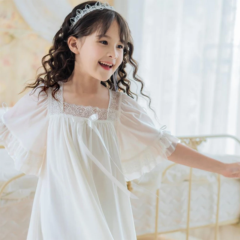

Chellseey Girls Princess Palace Nightdress Spring And Summer White Short-Sleeved Long Home Clothes Lace Mesh Modal Parent-Child
