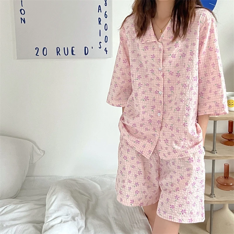 

Loose Florals Sleep Wear Sets Women 2022 Sweet Girls Fashion Summer Pajama Suits Vintage Chic Casual High Street