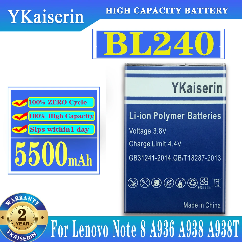 

Аккумулятор ykaisсеребристый 5500 мАч BL240 BL 240 для Lenovo A936 Note 8 Note8