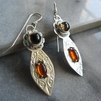 vintage tapered metal hand engraved pattern earrings fashion silver plated set topaz crystal drop earrings for women