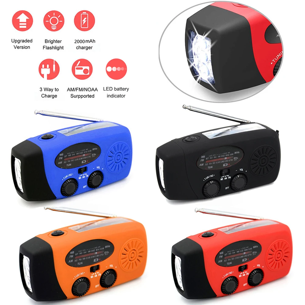 

2000mAh Multifunctional Radio Hand Crank Solar USB Charging FM AM WB NOAA Weather Radio Emergency LED Flashlight Torch Power Ban