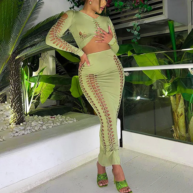 

Fashion Y2K sexy Green Dress Suit Women Long Sleeve Hollow Out Crop Tops and Midi Skirt 2 Piece Set Casual Party Club 2023