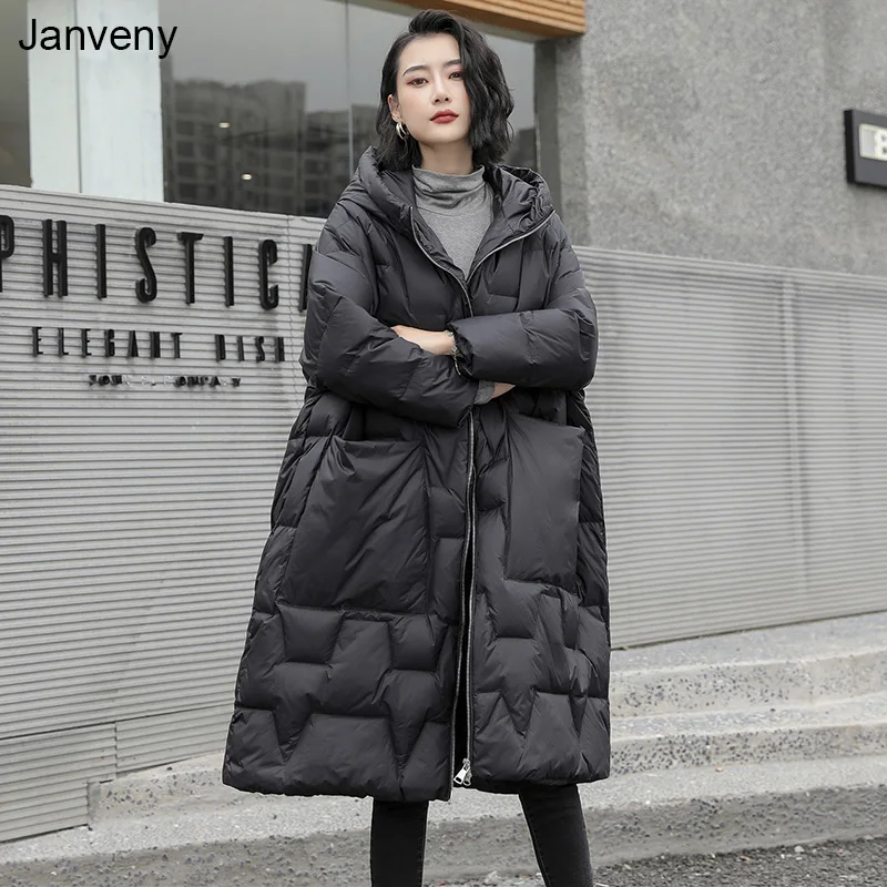 

Janveny Winter Down Jacket Women Hooded Loose Thick 90% Duck Down Coat Long Casual Parkas Female Zipper Pocket Snow Outwear