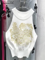 summer 2022 new round neck sleeveless slim fit knitted top for ladies fashion slim jungle embroidered t shirt female