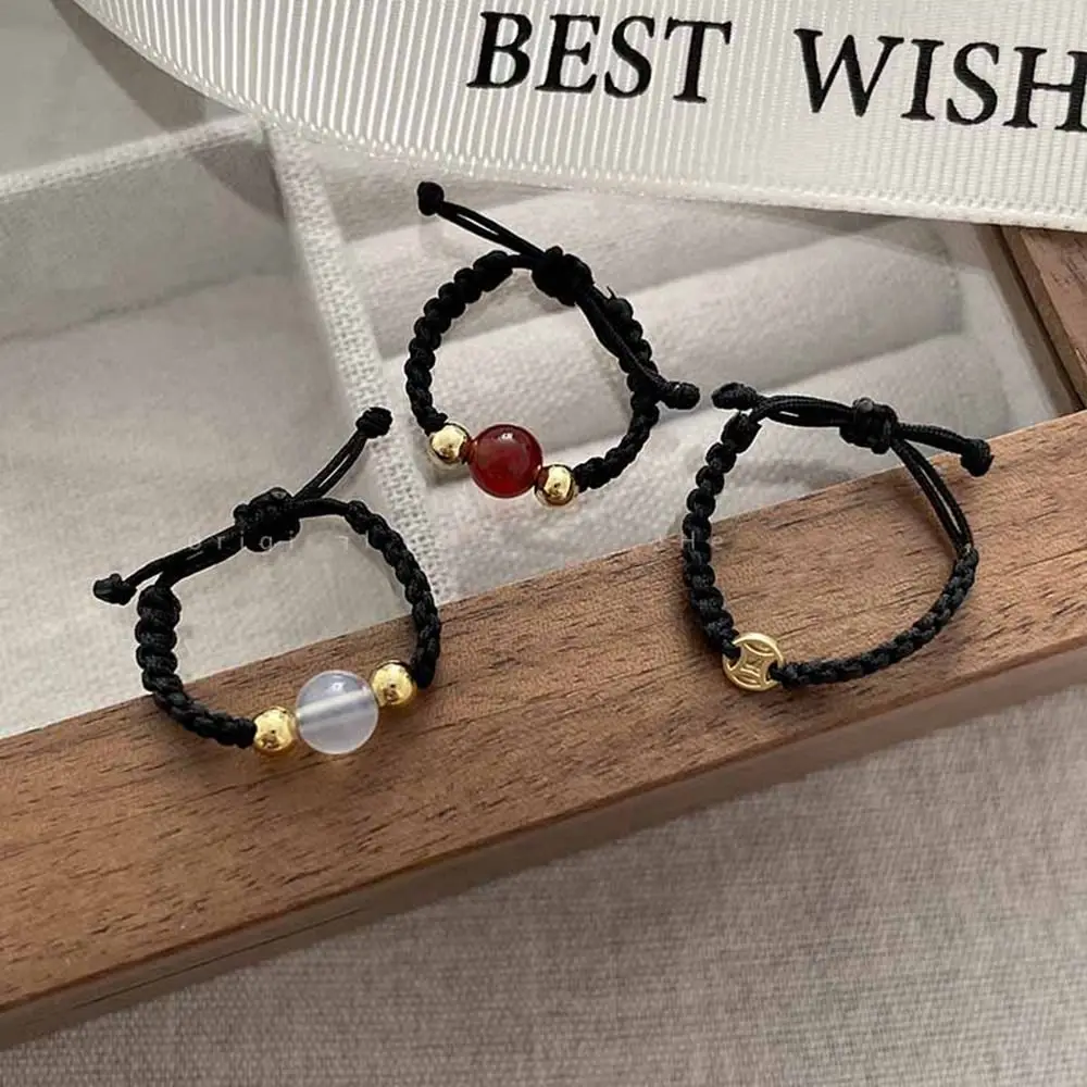 

New Retro White Jade Red Woven Rope Ring Transfer Lucky Beaded Ring Chinese Style Couple Girlfriend Open Ring Jewelry