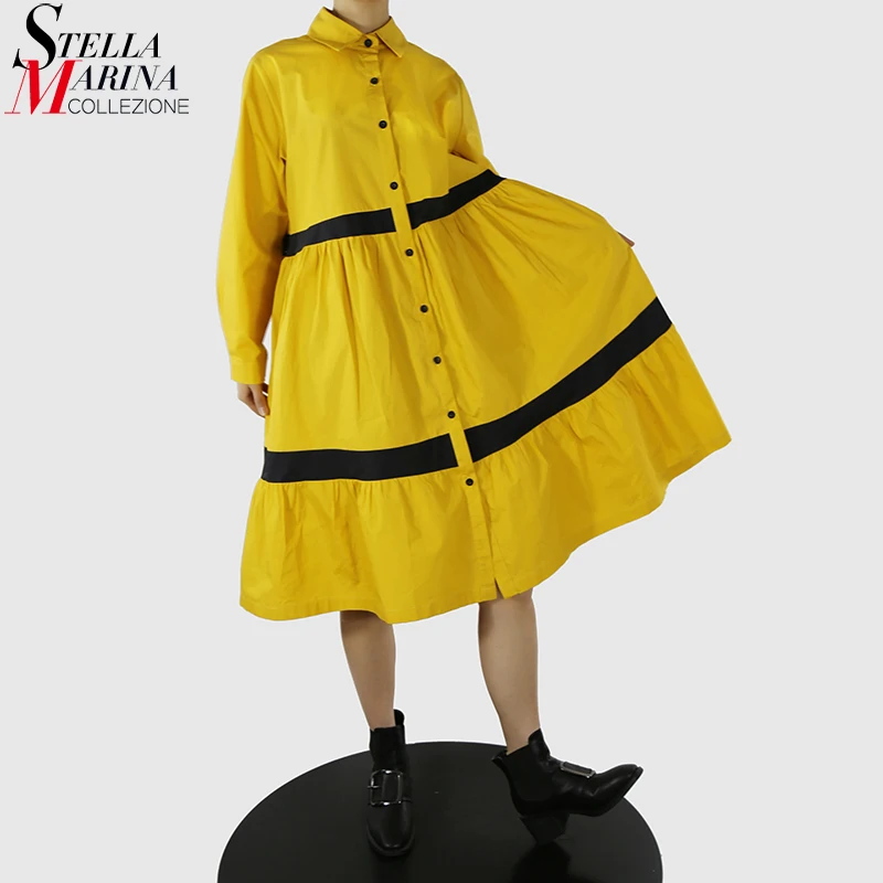 

Новая повседневная одежда размера плюс, желтое черное лоскутное женское платье-рубашка с длинным рукавом, праздничное свободное платье, же...