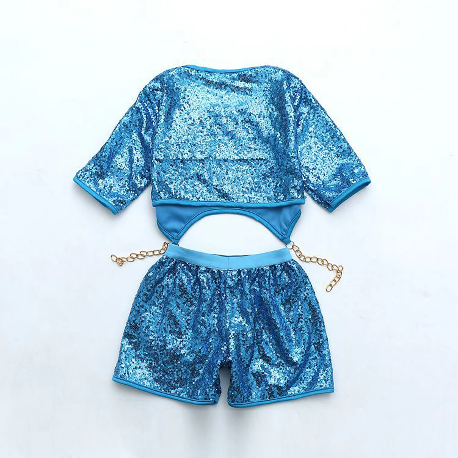 Hip Hop Girls Clothing Jazz Dance Costumes Kids Shiny Sequins Street Wear Short Sleeve Crop Top With Shorts Set Sportswear