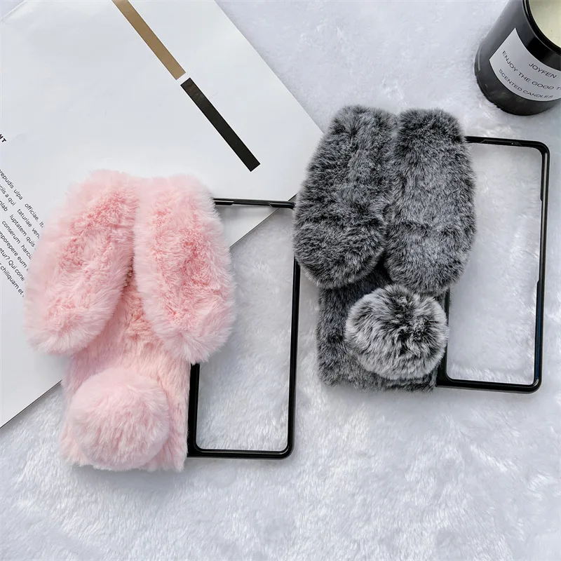 

Creative Simple Plush Cute Rabbit Ear Phone Case for Samsung Galaxy Z Fold 3 Hard PC Back Cover for ZFold3 Case Protective Shell