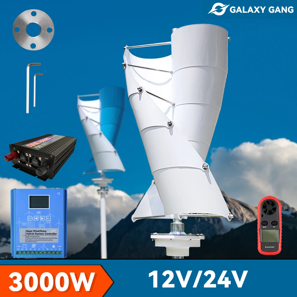 

3kw Vertical Spiral Wind Mill Turbine Portable Generator 12V 24V 3 Blade Alternative Free Energy Windmill With Hybrid Controller