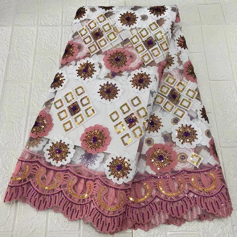 

African Lace Fabric 5 Yards High Quality Embroidery French Tulle Lace Fabric With Sequins Nigerian Lace Fabric For Wedding Party