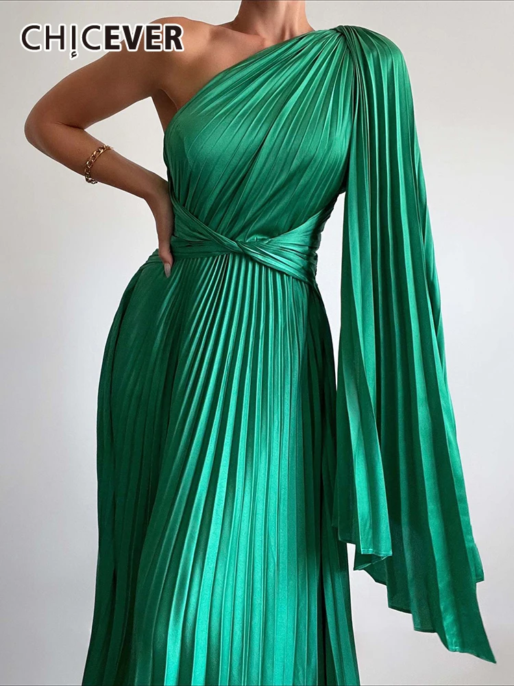 

CHICEVER Asymmetrical Pleated Maxi Dresses For Women Diagonal Collar Sleeveless Off Shoulder High Waist Tunic Solid Dress Female