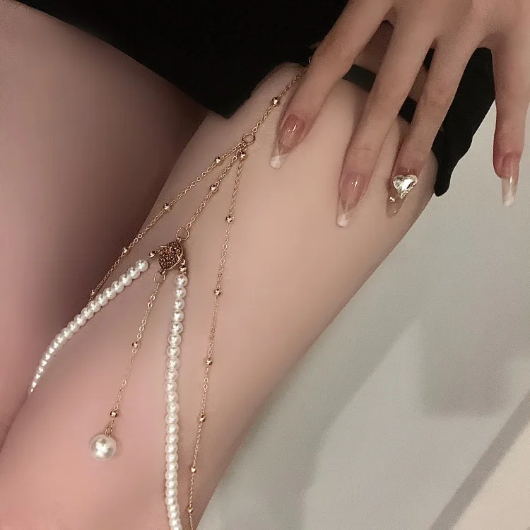 

Sexy Multilayer Pearl Clip Bead Leg Chain for Women Adjustable Elastic Long Thigh Chain Beach Metal Body Jewelry Sexy Girl