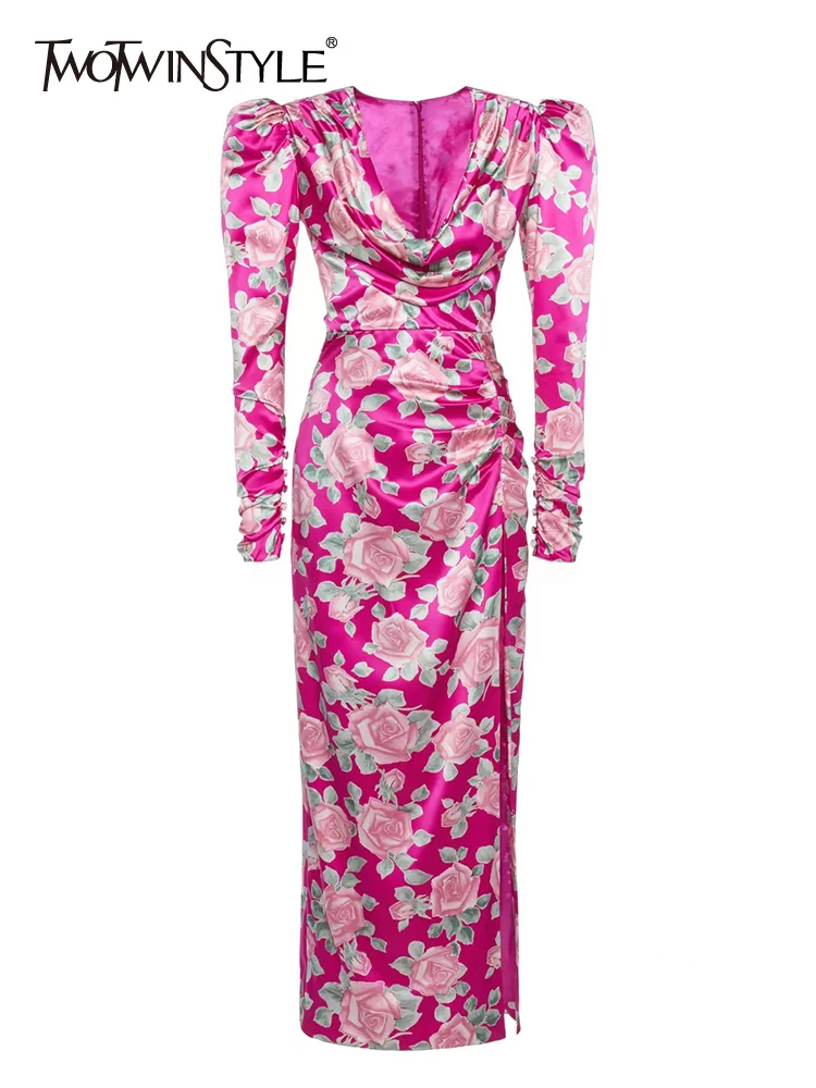 

TWOTWINSTYLE Print Floral Dress For Women V Neck Puff Sleeve High Waist Color Block Side Split Midi Dresses Female Autumn 2022