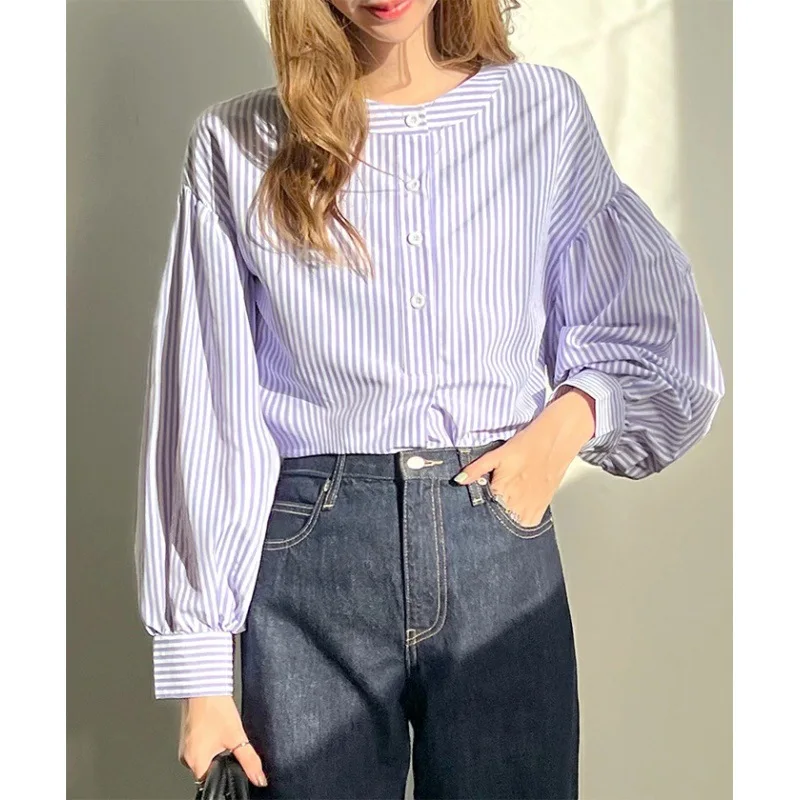 Японская летняя новая полосатая рубашка Nomikuma с пышными рукавами повседневный