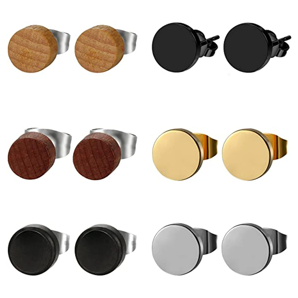 

6 pairs 6/810MM Stainless Steel Wood Stud Earrings Pierced Post Earring for Men Women