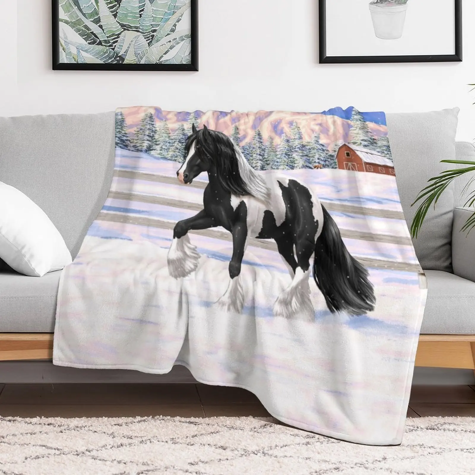 Черный Пинто Пестпед Gypsy Vanner Draft Horse In Snow Плед Диван Одеяло на диване Диваны Ретро