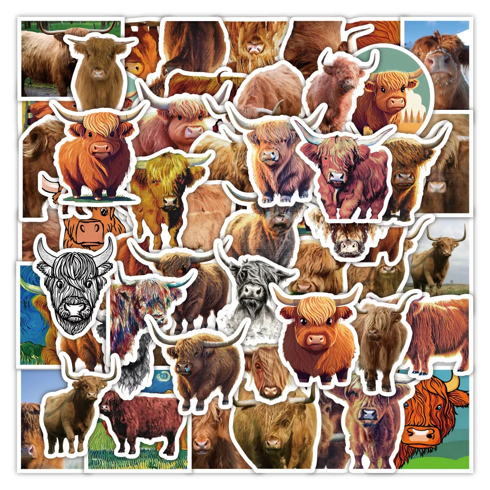 

10/30/50PCS New Popular Cartoon Highland Cow Sticker Pack Skateboard Guitar Decor DIY Laptop PVC Kids Graffiti Decals Wholesale