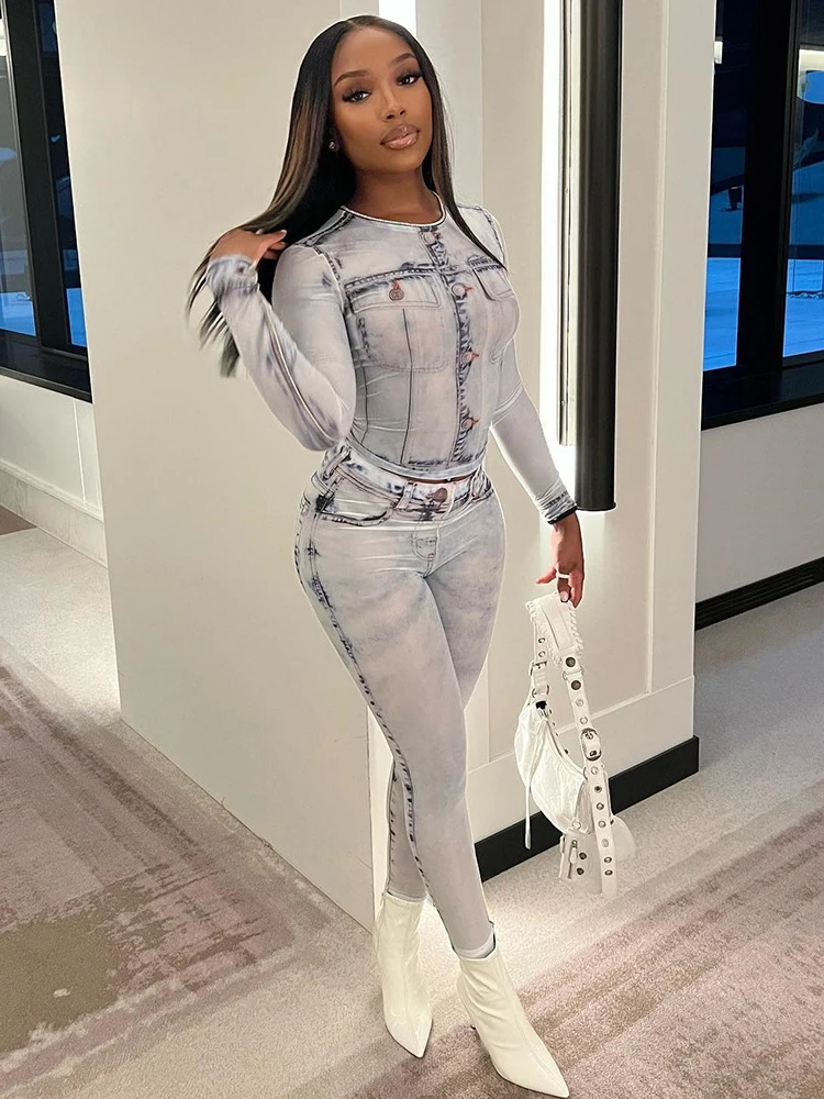 

Женский комплект из двух предметов, Облегающая джинсовая куртка с круглым вырезом и длинным рукавом + джинсы-карандаш с высокой талией, лето 2022, одежда для гранжа