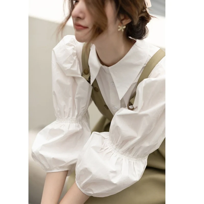 Simplicity Solid Color Loose Shirt Tops Spring New Lantern Sleeve Pleated Versatile Blouses Fashion Elegant Women Clothing