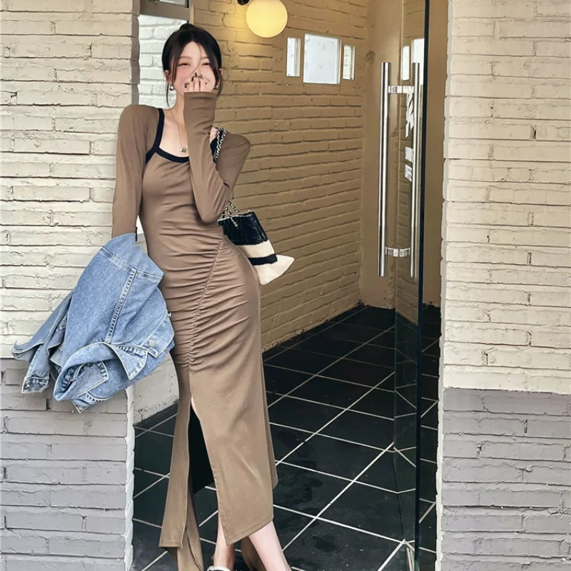 

Платье-миди с длинным рукавом и квадратным вырезом, для девушек