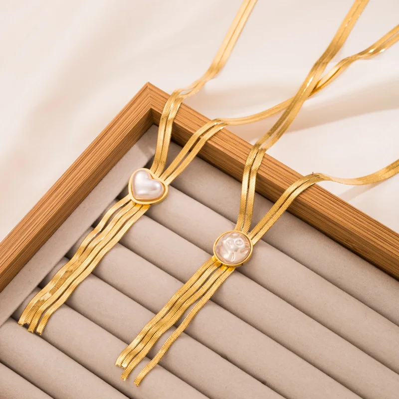 

Long Tassel Flat Chains Stainless Steel Gold Pearl Sweater Necklace for Women Statement Jewelry