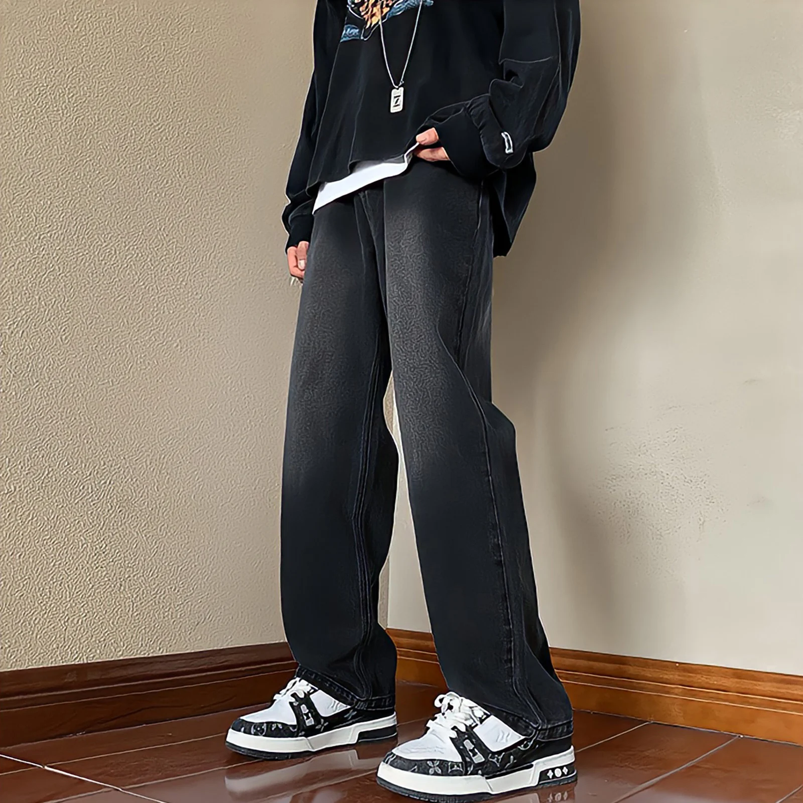 Vintage Streetwear Black Baggy Jeans For Men Wide Leg Straight Pants Oversize Y2k Design Clothes Casual Washed Denim Trousers