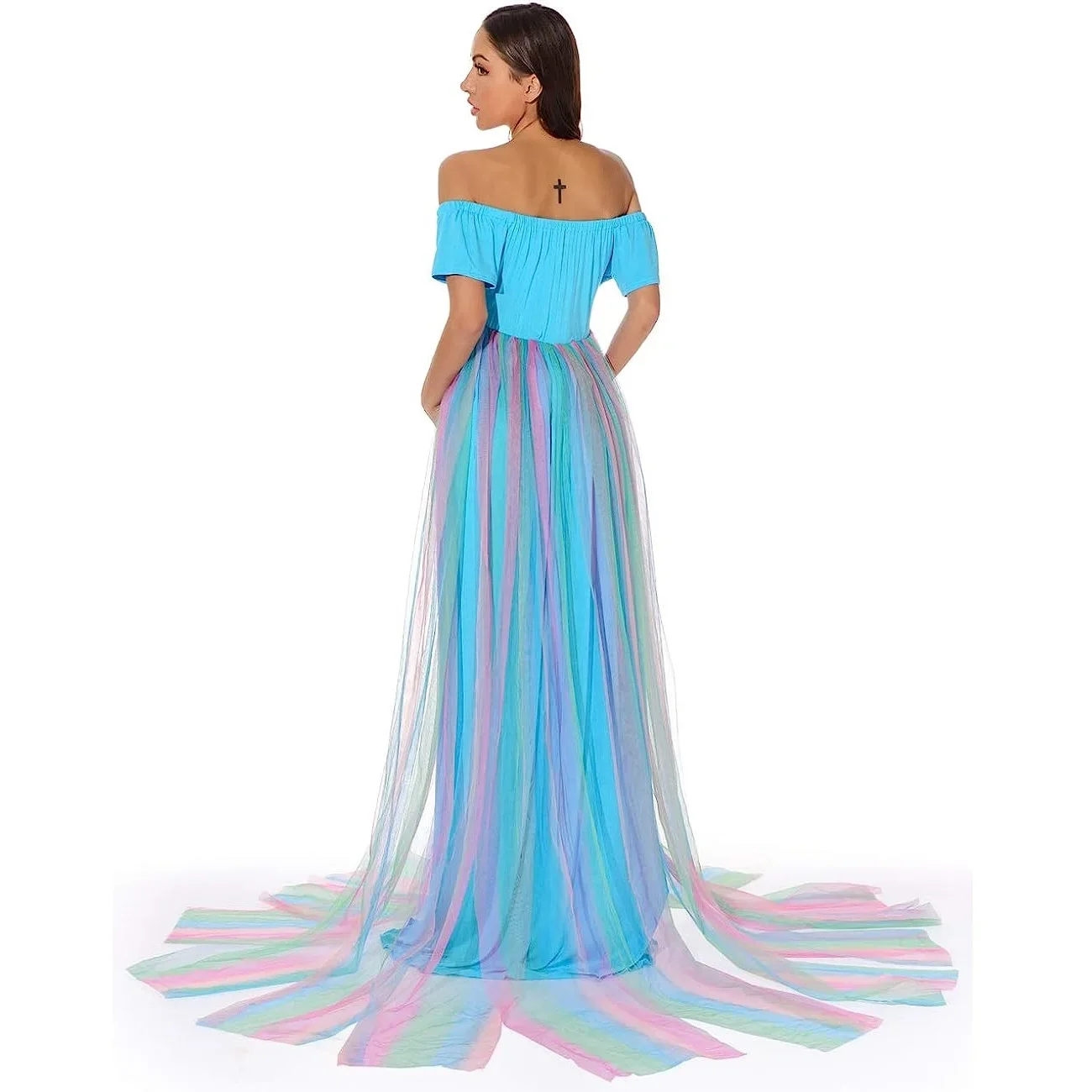 Радужное платье для беременных с открытыми плечами фотосессии будущей матери