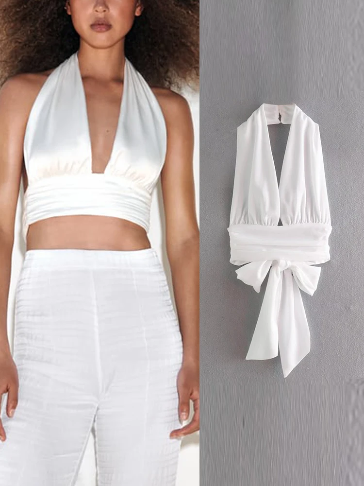 

Женский укороченный топ с бантом TF.MLN, модный сексуальный винтажный топ с глубоким V-образным вырезом и открытой спиной, на тонких бретелях, ...