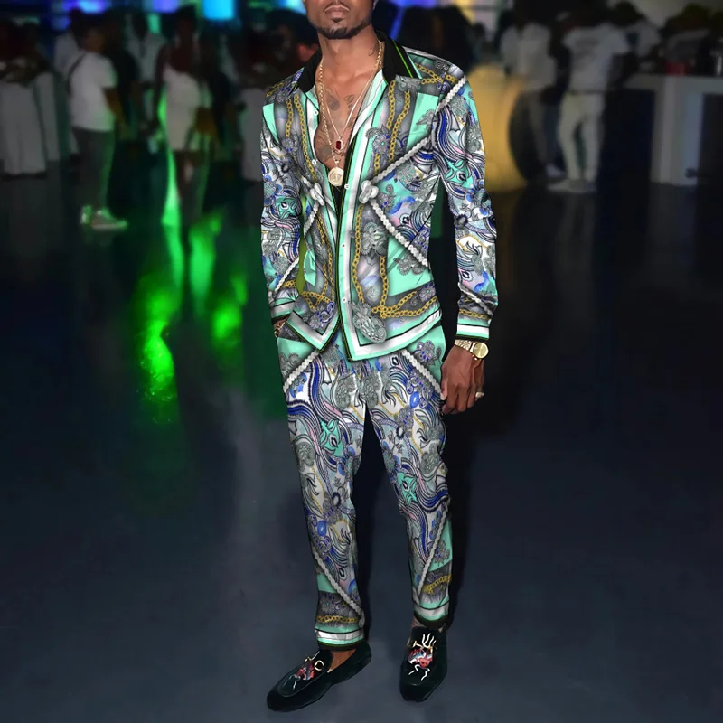 Men's Long-Sleeve Button-up Shirt Trousers Two-piece Suit Slim Business Shirt Male Retro Style Printed Formal Men's Clothes