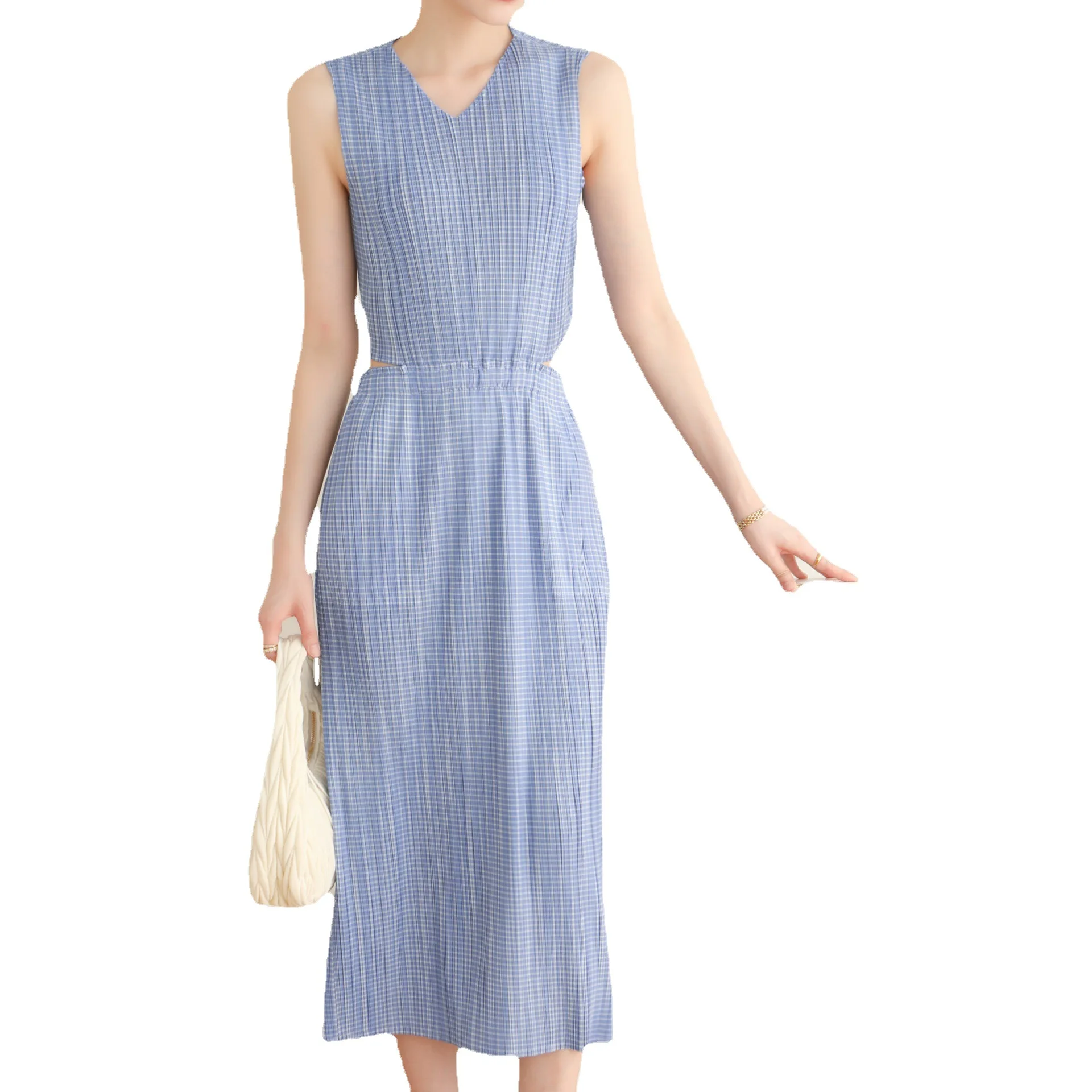 2023 Summer Pleated Niche Design Sense Fresh Casual Fashion Dress Plaid V-neck Sleeveless A-line Skirt Fresh Sweet Wind
