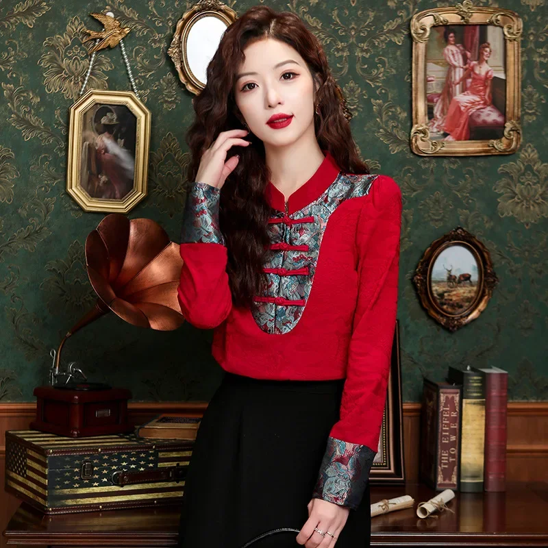 Vintage Stand Collar Women's Shirt New Chinese Style Lacquer Embroidery Jacquard Quilted Vest 2024 Spring Fashion