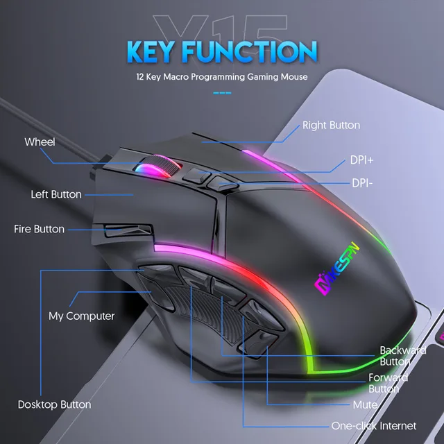12800DPI Free Weight Macro RGB Gaming Mouse 12 Programmable Keys Game Mouse RGB Light Max to 6 levels For pc mac gun PUBG Laptop 2