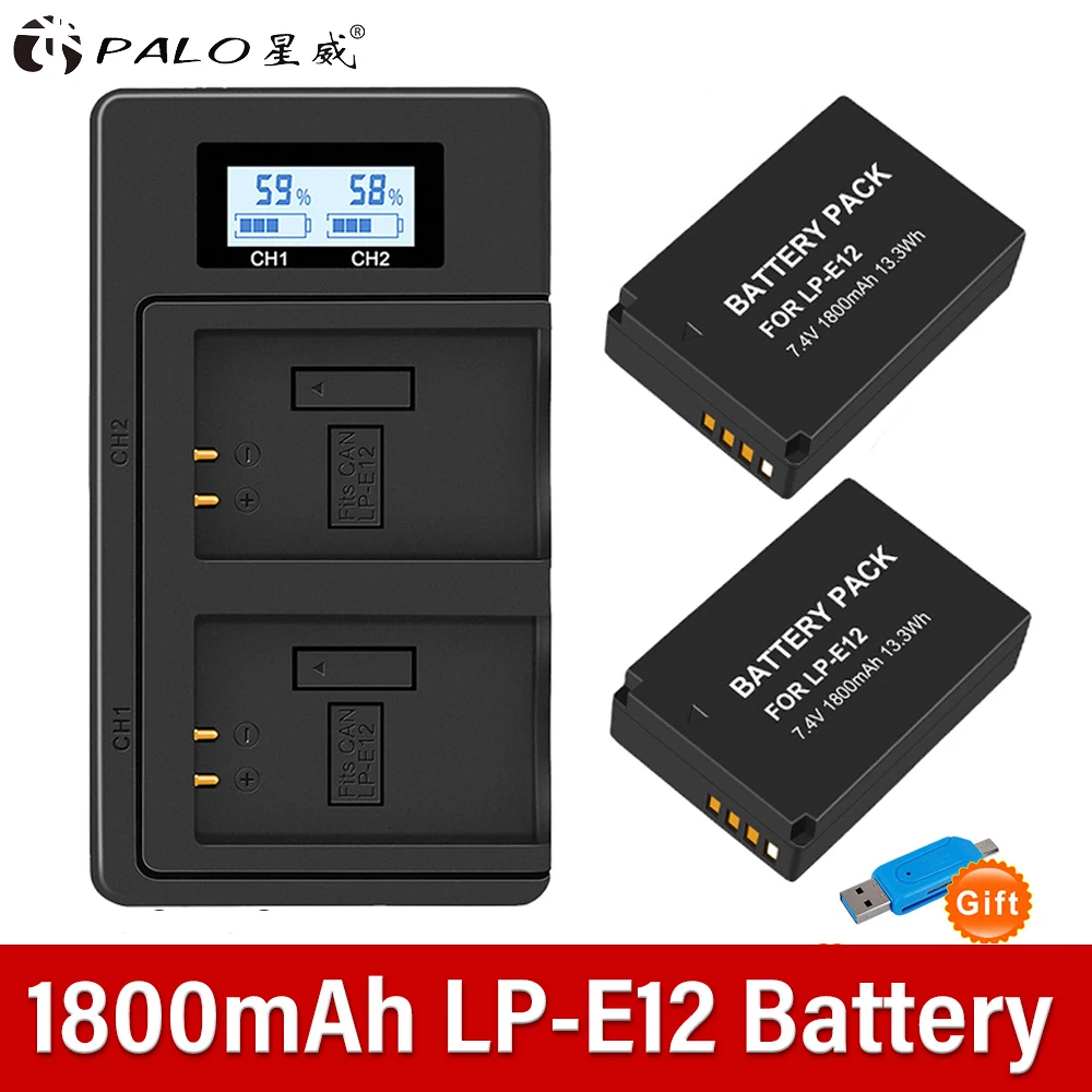 

1800mAh LP-E12 LP E12 LPE12 Battery + LCD USB Dual Charger for Canon EOS M50, EOS M100,100D Kiss X7 Rebel SL1 Camera
