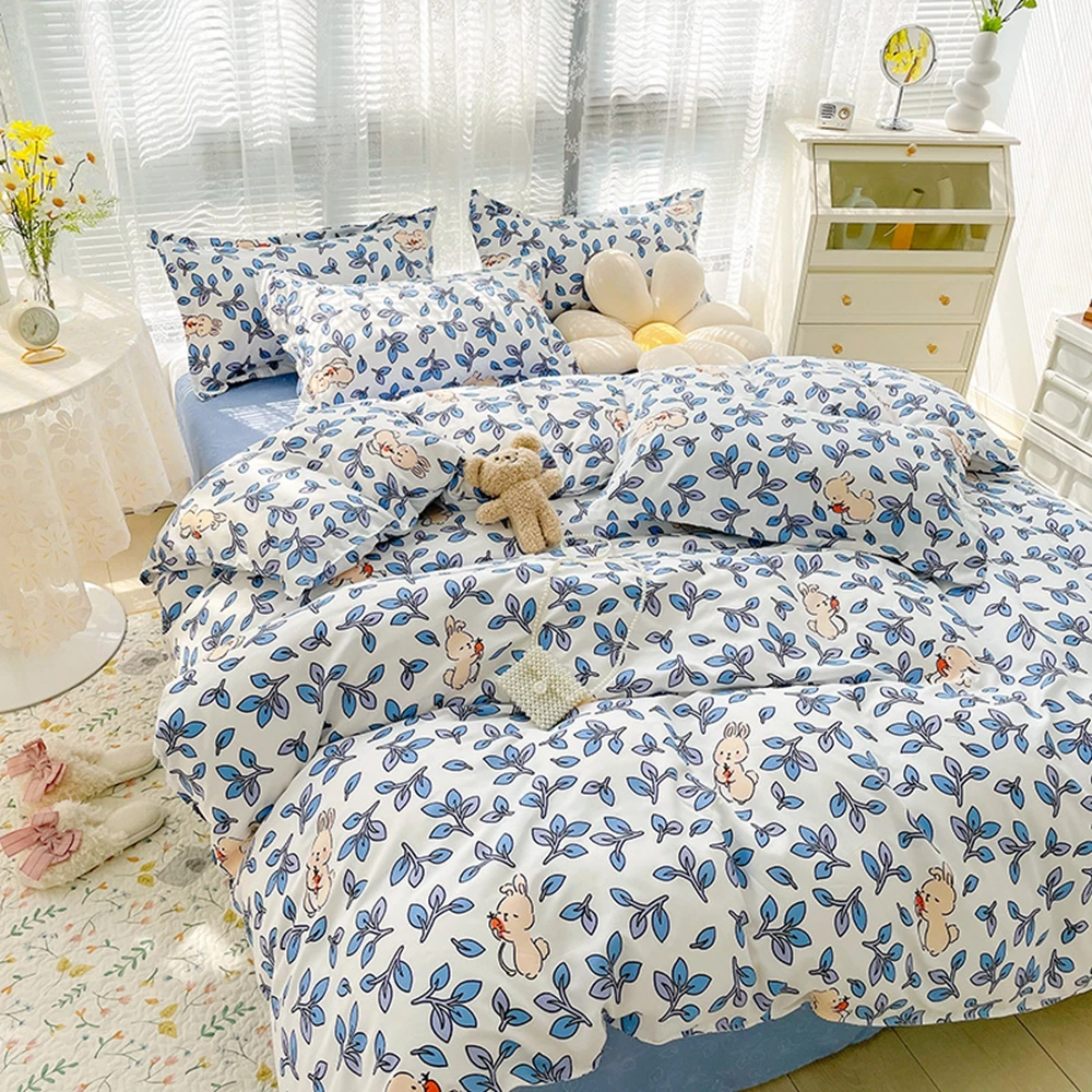 

Home Textile Bedding Children's Room Cartoon Blue Leaf Print Soft Duvet Cover Sheet Pillowcase Single Double King 3/4-PCS Set