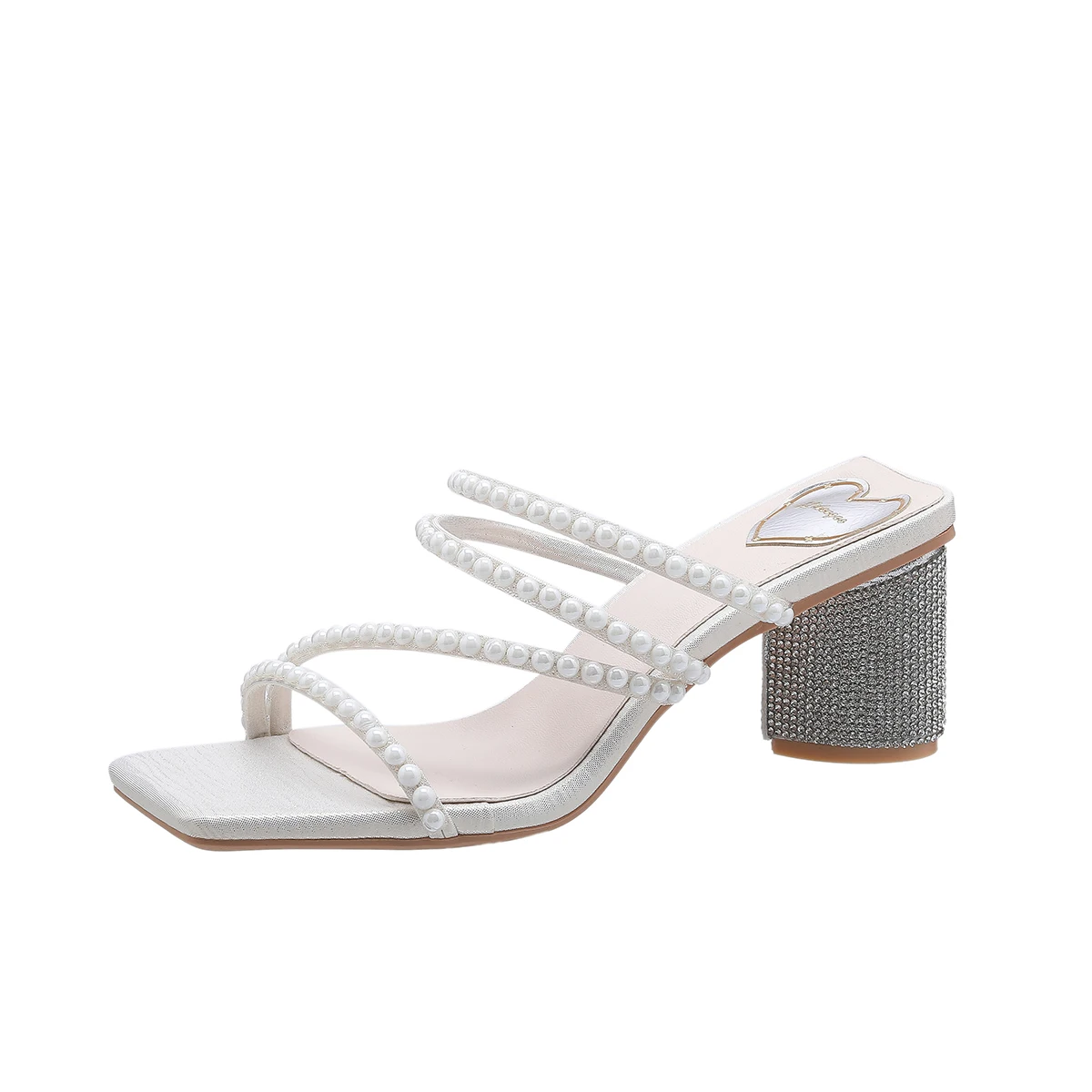 Xibeilove 2023 Summer Women Fashion Luxury Square Headed Beaded Heart Shaped Rhinestone Mid Heel Slippers Wedding Bridal Shoes