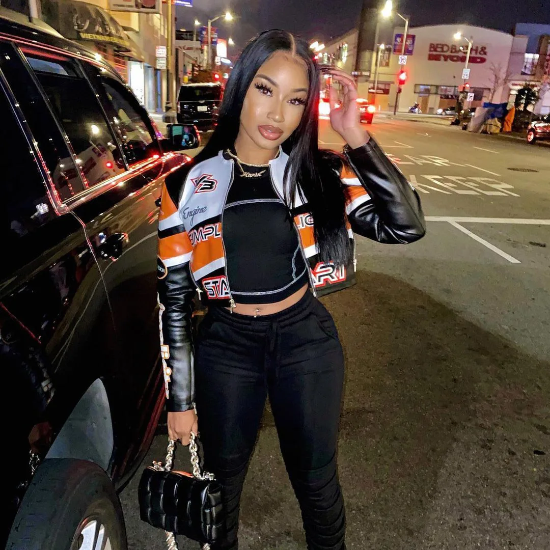 

Women's Moto Biker Zipper Jacket Streetwear Casual Zip Up Jacket For Women Patchwork Crop Top Women Coat Casual Long Sleeve