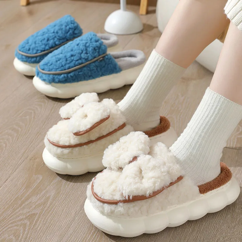 

Winter Cotton Slippers Women Indoor Home Shoes Warm Bowknot Lovers Plush Cartoon Thick Soled Cute Furry Slippers Couple Y
