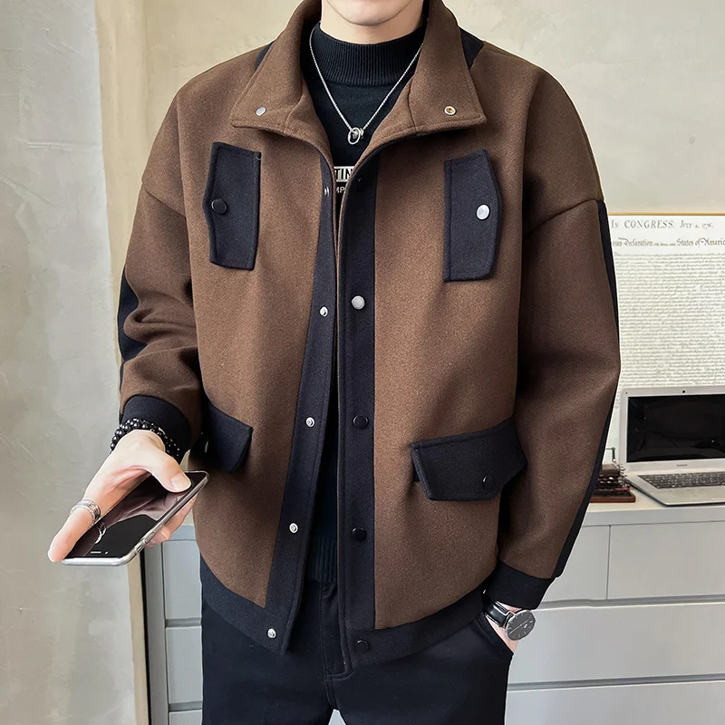 Winter Thick Woolen Coat Men Slim Warm Fashion Contrast Thicken Woolen Jacket Men Korean Short Woolen Coat Mens Jackets M-2XL