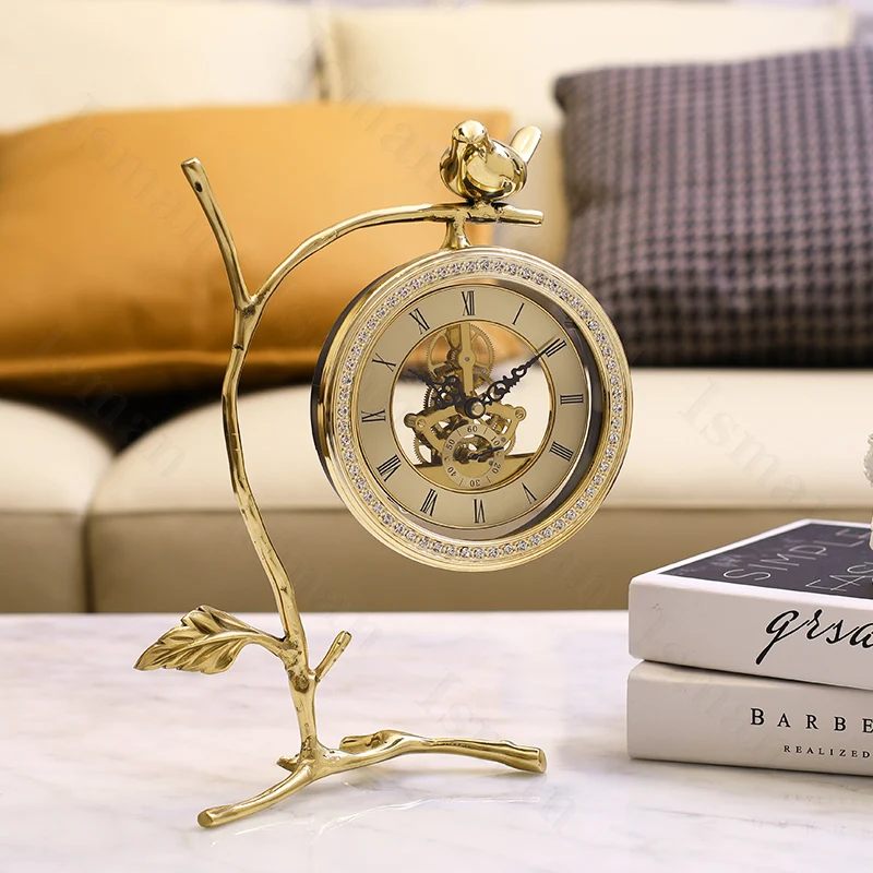 

Nordic Brass Twig Bird Desk Clock Ornaments Light Luxury Living Room Openwork Craft Digital Clock Fashion Clocks Home Decoration