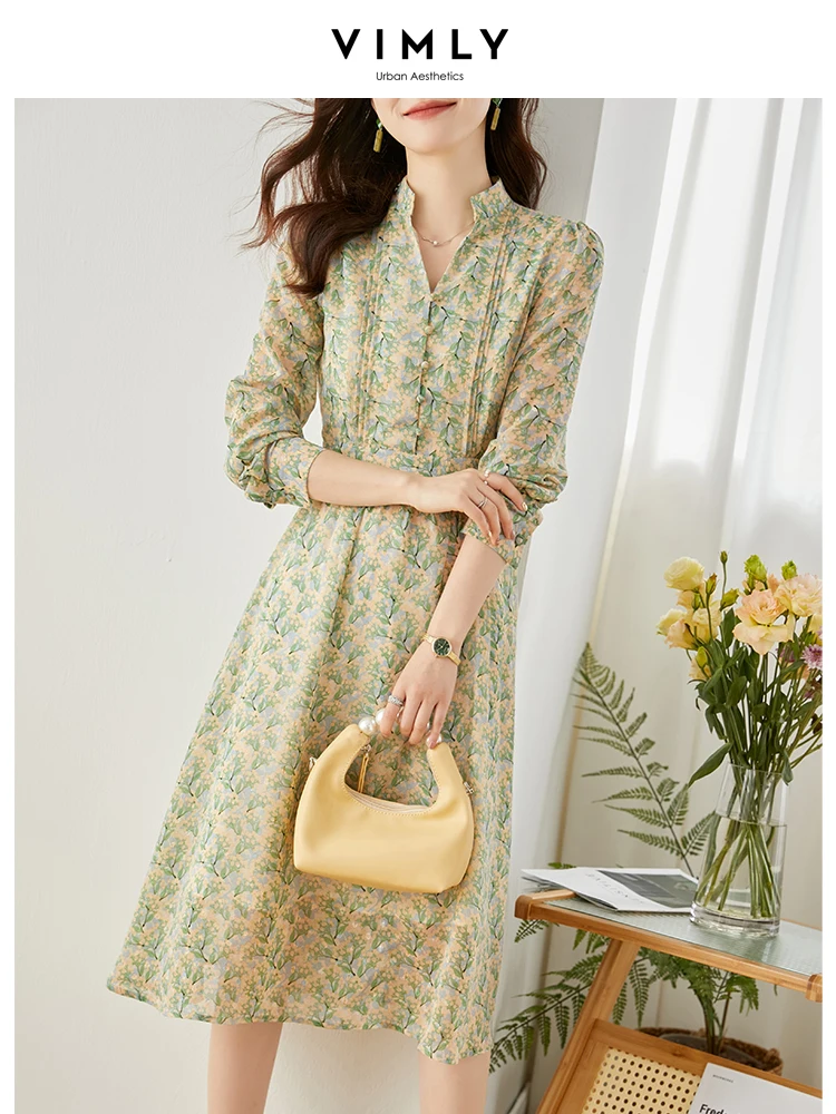 Vimly Spring Floral Chiffon Dresses for Women 2023 Fashion Outfits Stand V Neck Long Sleeve Slim Party Midi Vintage Dress V7750