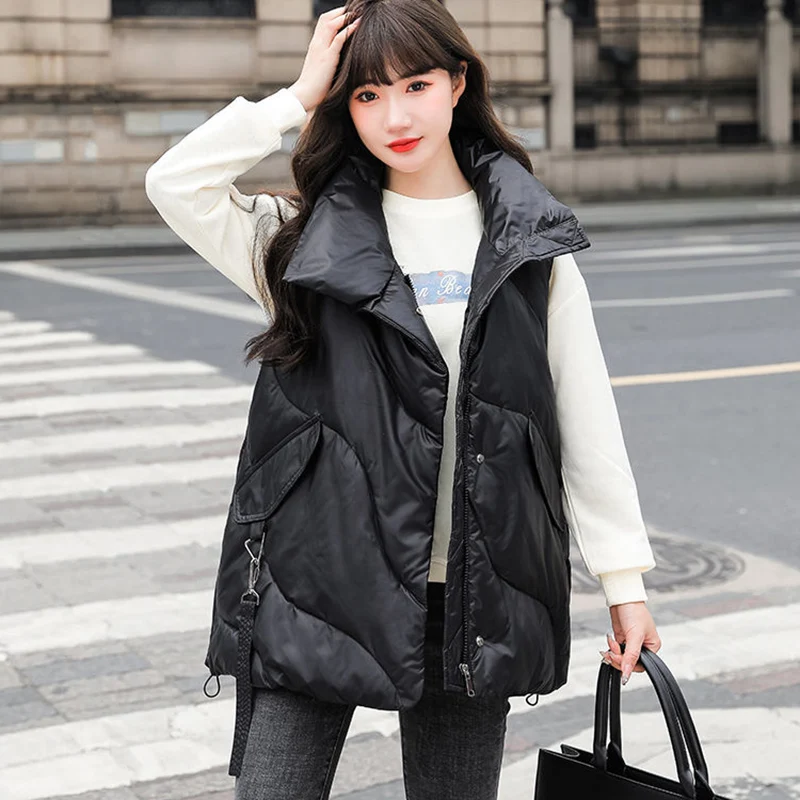 

New Women's Autumn Winter Down Cotton Vest Zipper Pockets Ladies Loose Sleeveless Jacket Thick Vests Female Casual Waistcoat