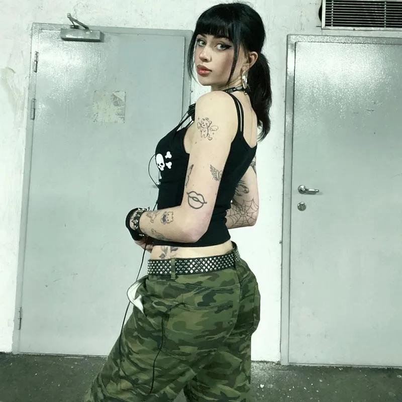 Женский Готический Топ в стиле эмо короткий топ с графическим принтом черепа