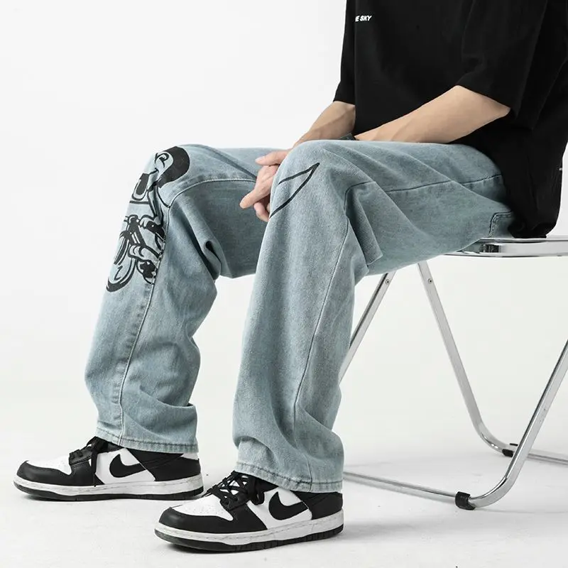 Street Funny Print Low Waisted Cargo Pants Y2K Aesthetics Indie Women Jeans Trend Denim Trousers  Harajuku Grunge Wide Leg Jeans