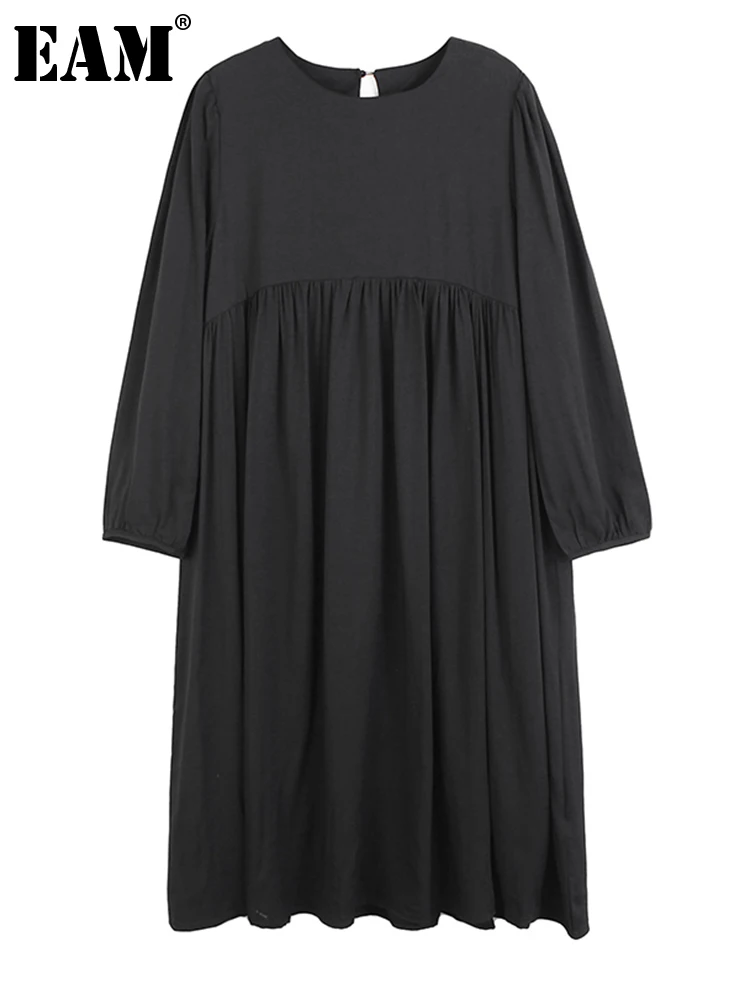 

[EAM] Women Black Pleated Long Elegant Long Dress New Round Neck Long Sleeve Loose Fit Fashion Tide Spring Autumn 2023 1DF1669