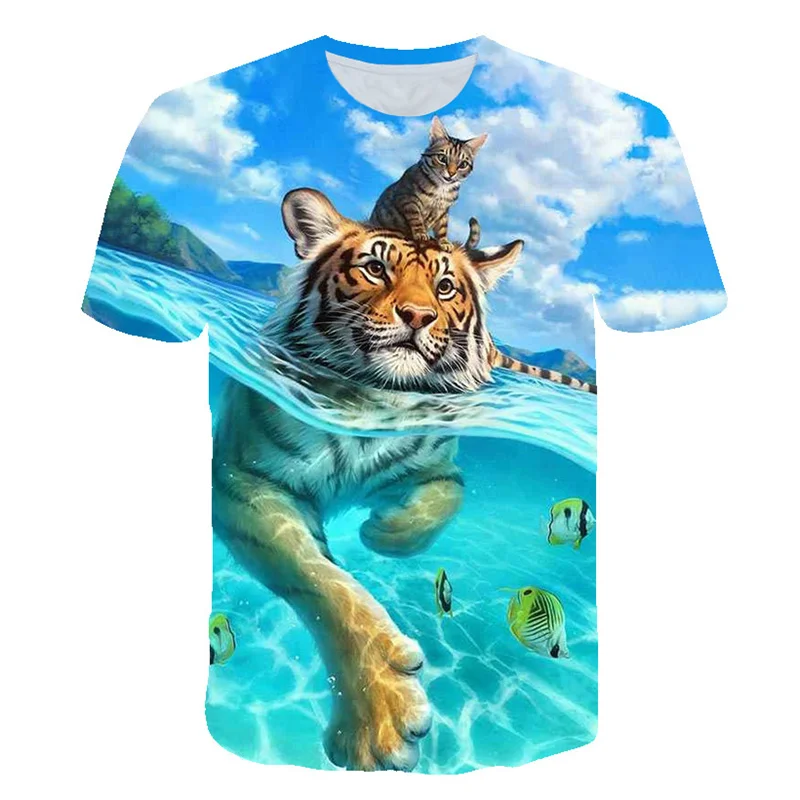 

Men's T Shirts Summer New 3D Animal Cat/Tiger Wolf Print Cool Funny Top T Shirt Men O Neck Short Sleeve Fashion Men 2XS-6XL