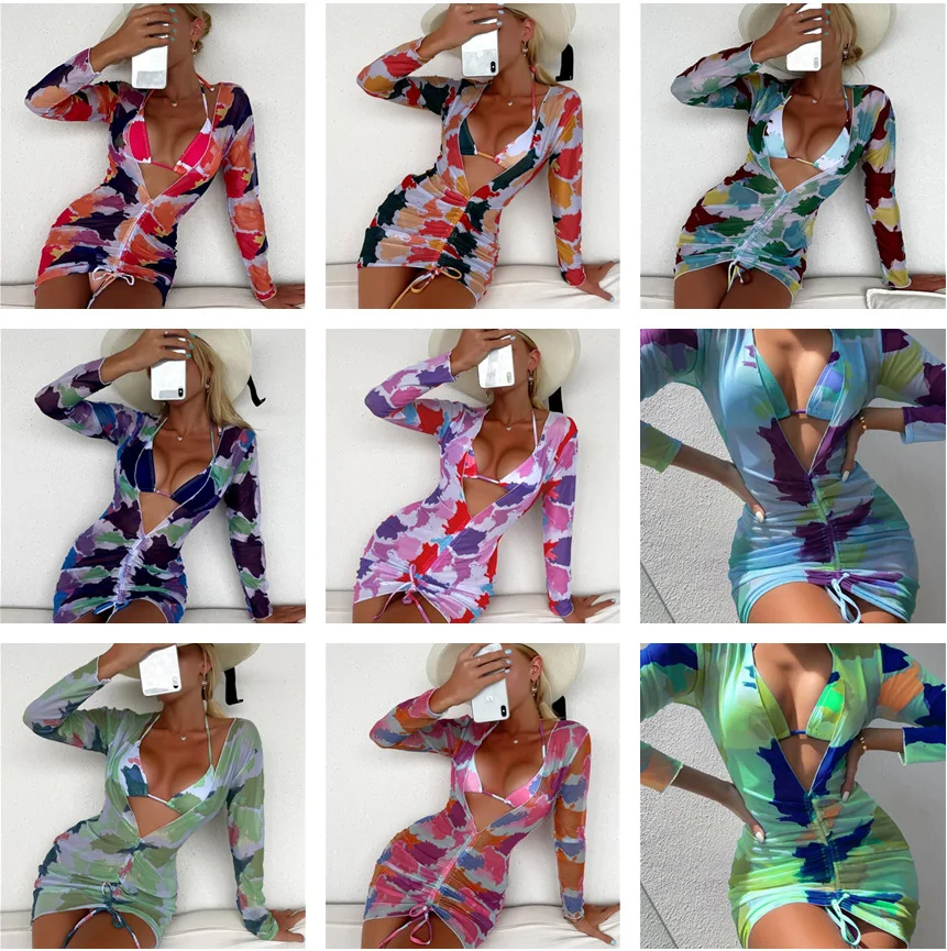 2022 women's new tie-dye briefs three-piece bikini swimsuit