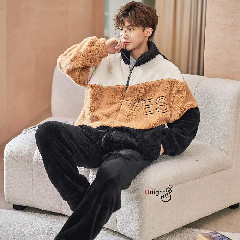 

QUHENG Coral Fleece Pajamas Men Set Autumn Winter Flannel Letter Zipper Pijamas Home Clothes Suits Thick Warm Pyjama Sleepwear