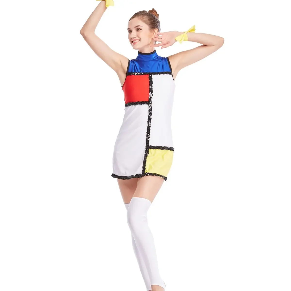 MiDee Mondrien Style Dress Color-block Twill Shift Jazz Costume Dance Performance Wear Stage Clothes