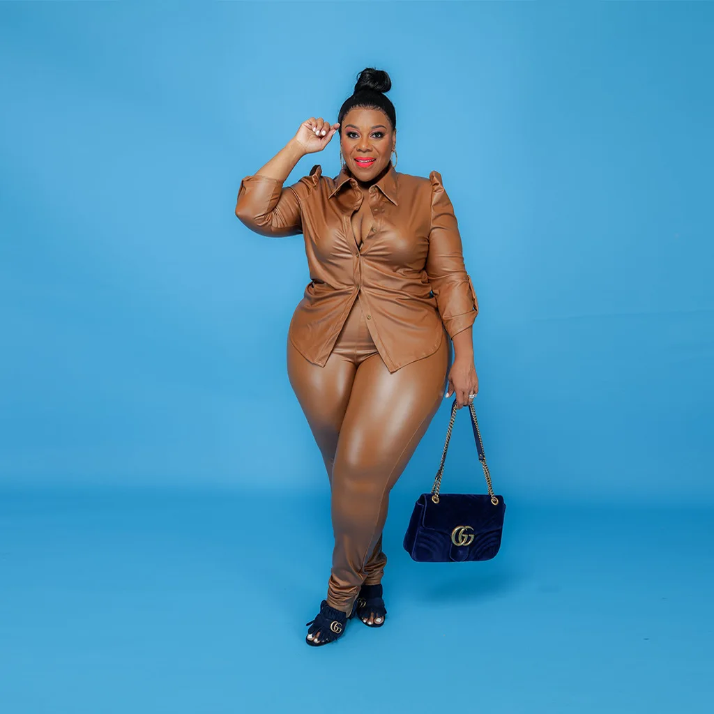 Plus Size Sets Turn-down Collar Elastic Waist  Slim Fit Single Breasted Women Winter Two Piece Sets Plus Size Matching Sets Full